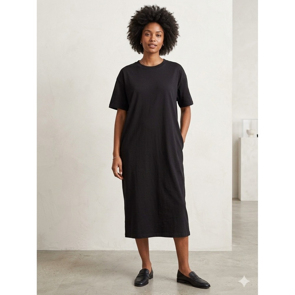HM Womens Black Cotton T-Shirt Dress Midi Short Sleeve Pockets Small